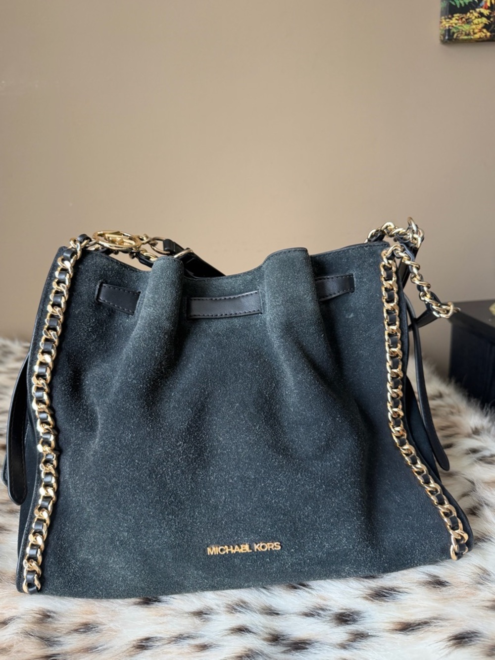 Michael Kors Black Mina Suede Shoulder Bag with Gold Hardware